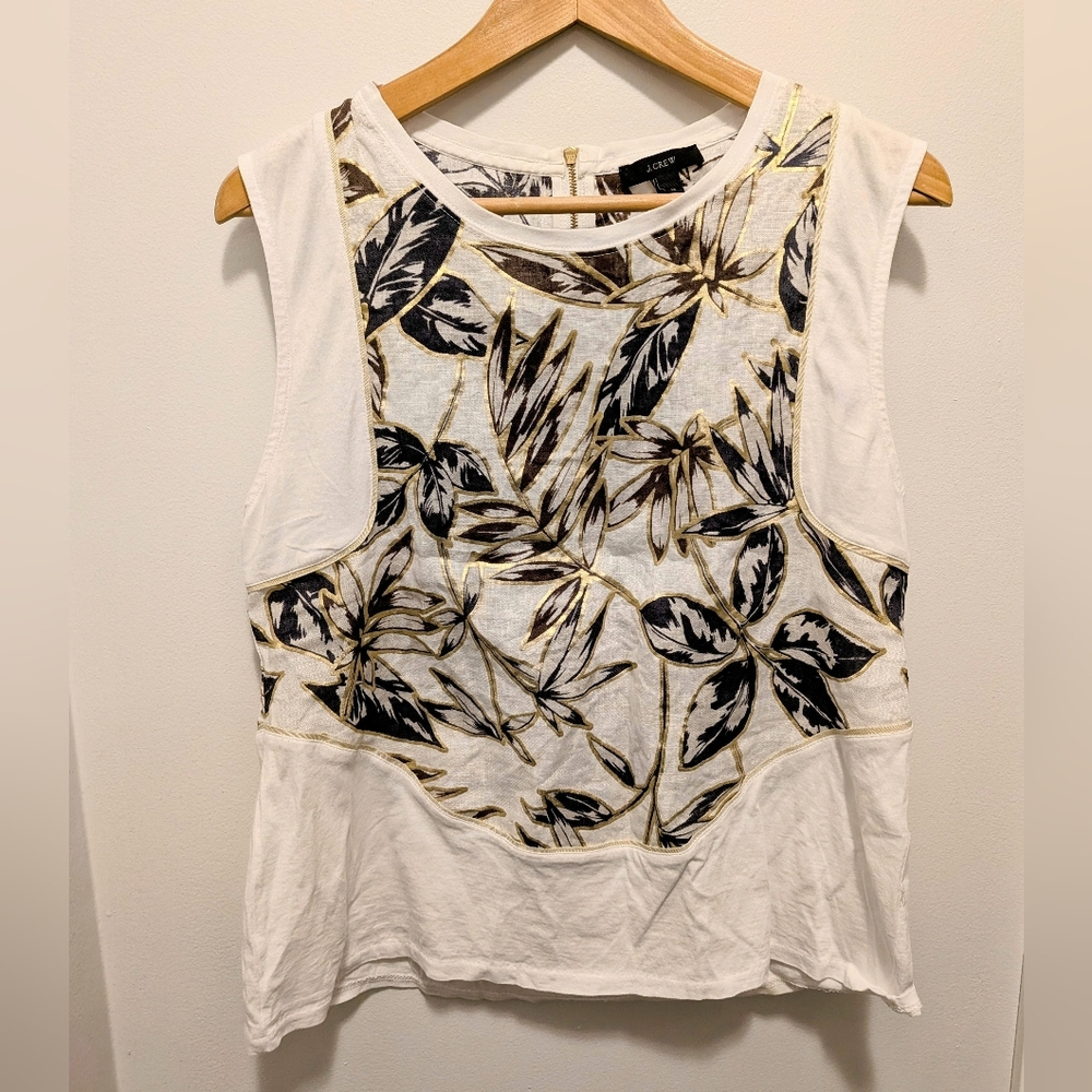 J.Crew White Tank with Leaf Print and Gold Accents
